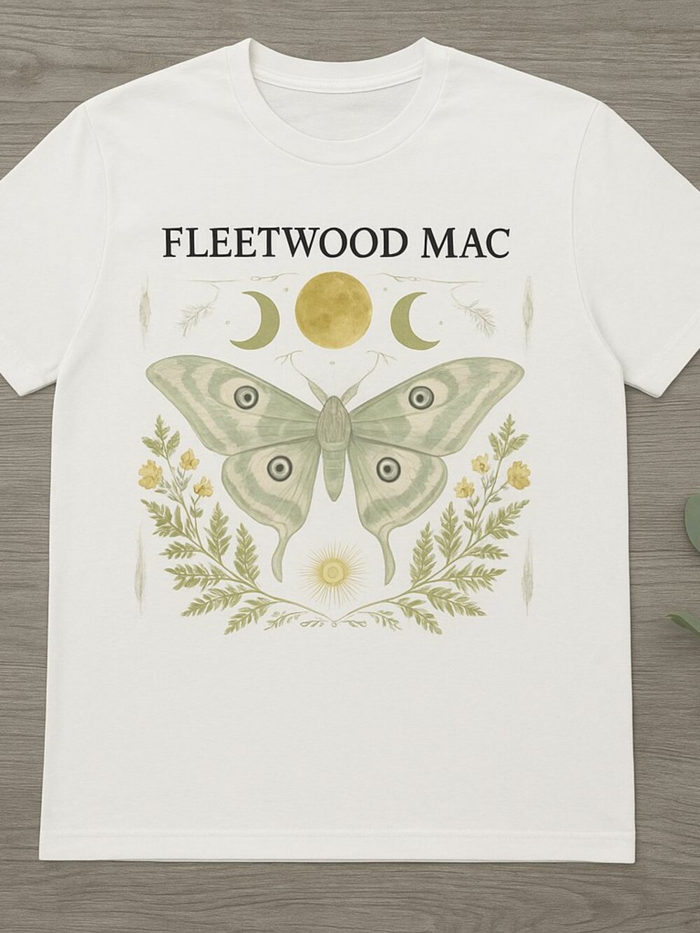 White Celestial Moth Graphic Tee Botanical Moon Phase Band Style Shirt